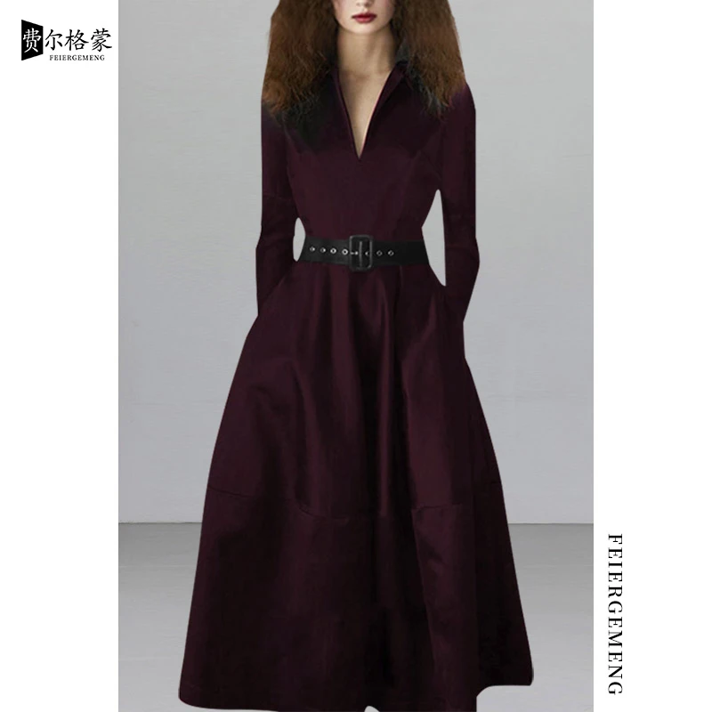 新款晚礼服连衣裙时尚长袖女打底裙气质V领修身名牌上档次风衣