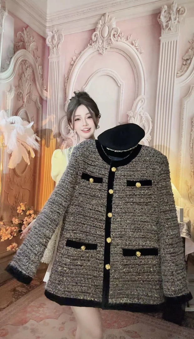 【崔】W0188法式提花秋冬毛呢外套保暖长袖直下摆宽松型落肩袖