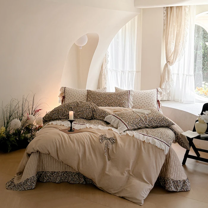 全棉小碎花床盖四件套，纯棉花边款加棉床上用品，四季可用