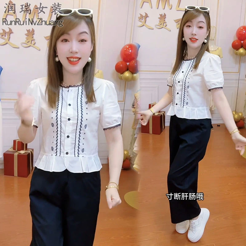 夏季百搭重工刺绣短袖上衣女2025新款显瘦衬衫减龄圆领泡泡袖小衫