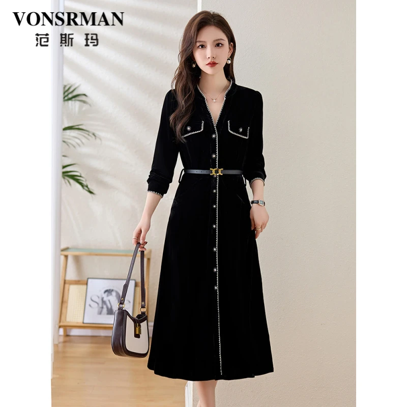 撞色丝绒长袖连衣裙女装2025春秋装新款中长款收腰包边轻奢修身裙