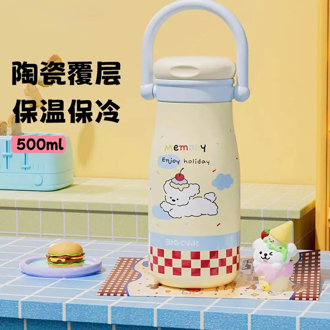 陶瓷覆层保温杯新款高颜值可爱双饮杯保温杯316吸管杯手拎杯创意