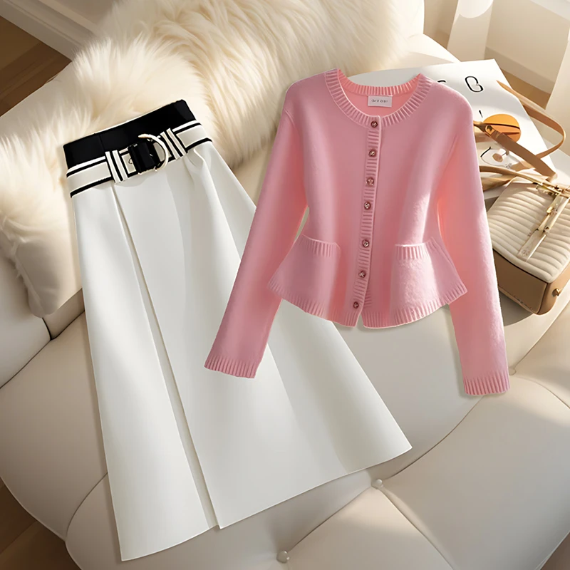 秋季2025新款名媛气质高级感粉色针织上衣外套高腰遮肉半身裙套装