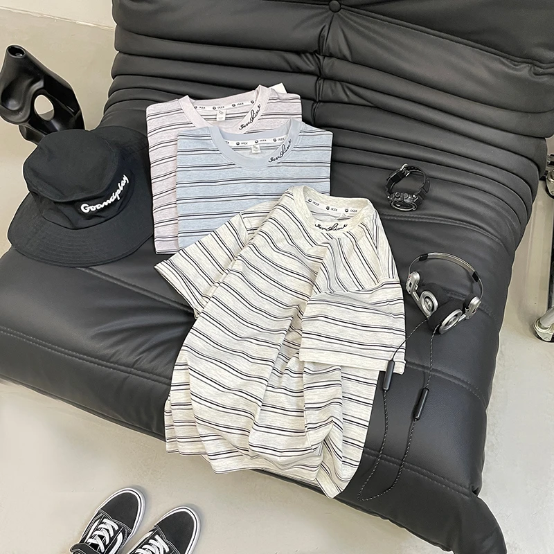 男大童亲子装条纹短袖2025夏季宽松百搭T恤男孩休闲半袖上衣潮流