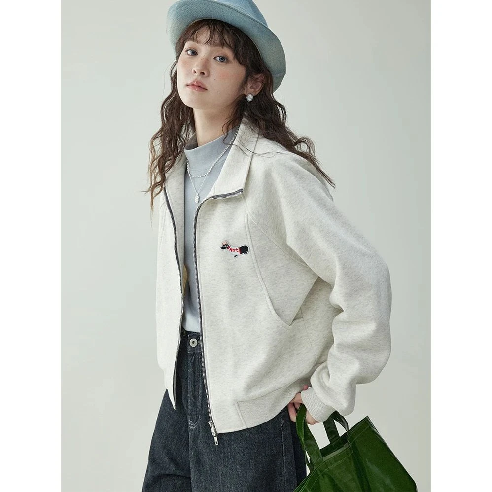 小狗刺绣外套女双拉链卫衣2025秋季新款立领开衫休闲百搭长袖上衣