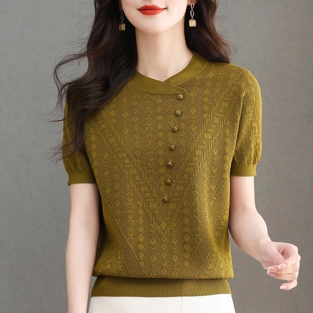 冰丝针织短袖薄款上衣女2025夏季新款宽松洋气遮肚子妈妈T恤小衫