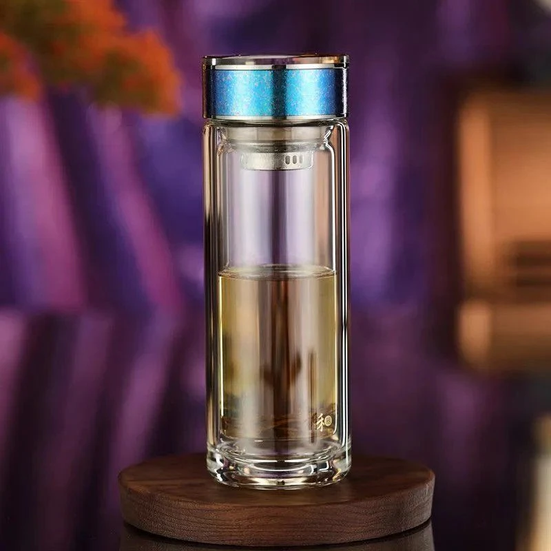 禾器双层高硼硅玻璃杯男士高档钛盖抗菌车载礼盒水杯便携喝茶杯