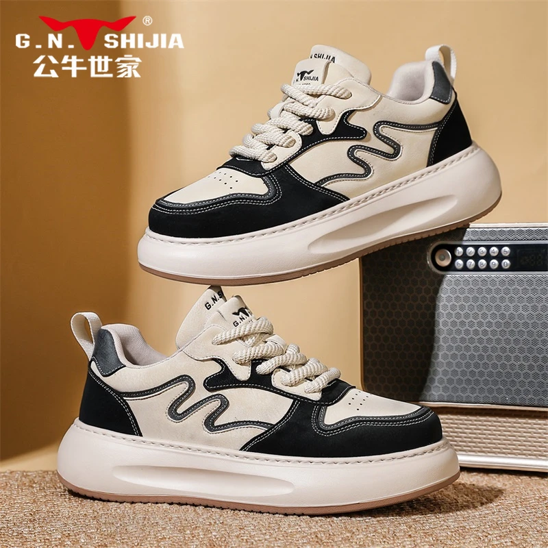 公牛世家2025新款百搭低帮板鞋时尚潮鞋户外运动厚底增高复古男鞋