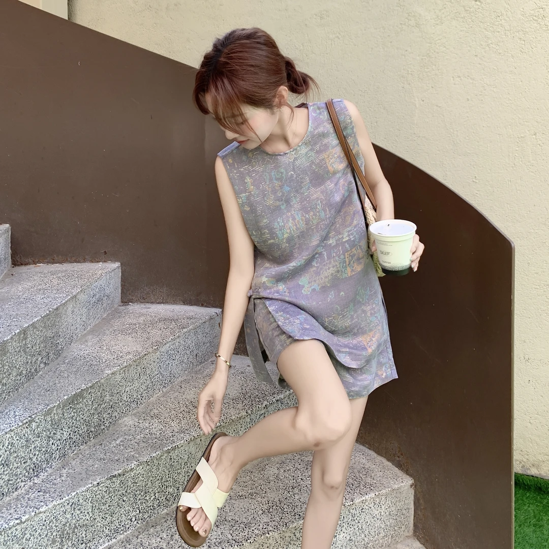 宽松连衣裙夏季扎染通勤风时尚套装新中式中国风短裤碎花显瘦气质