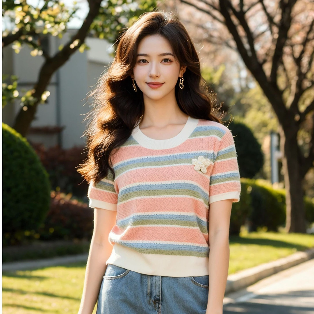 奢姿2025年夏季新款大码女装胖妹妹显瘦遮肉时尚百搭条纹针织上衣