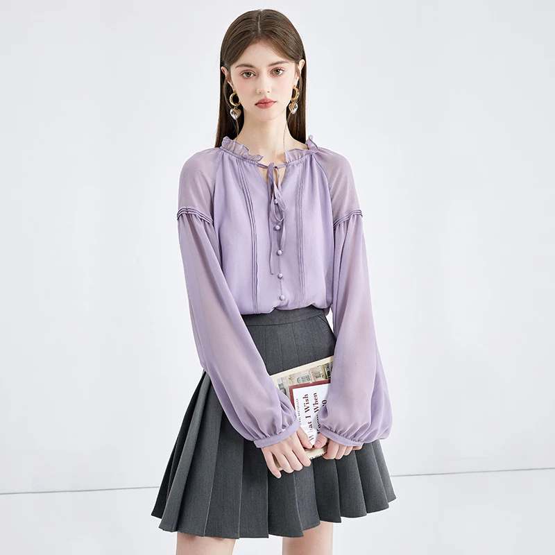 秋水伊人甜美木耳边V领长袖新款女温柔气质雪纺衫624102B060400