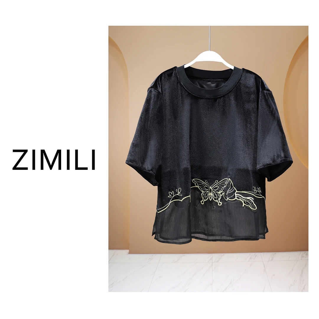 【亮哥女装】2025《极夜》耀夜黑丝绒拼接网纱刺绣气质短袖9825-A2