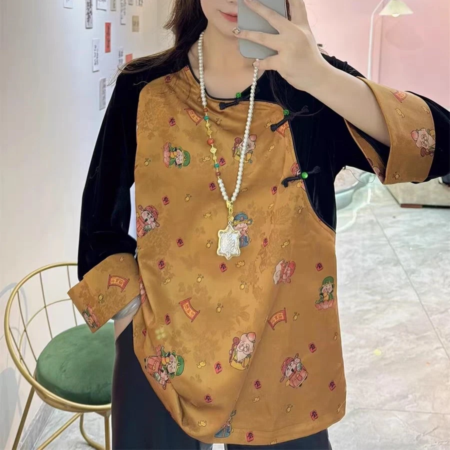新中式喜庆财神撞色拼接唐装上衣女冬季新款轻奢气质宽松显瘦衬衫