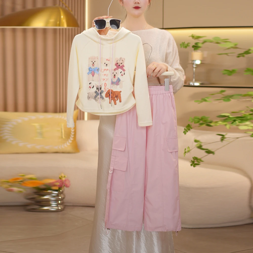 【闺蜜家】女童2025春季新款时尚卡通连帽卫衣+阔腿工裤套装-8078