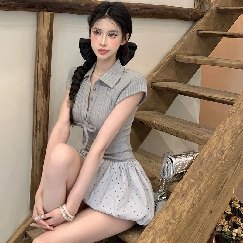 美式辣妹polo领波点拼接连衣裙女夏季纯欲性感修身收腰蓬蓬短裙子