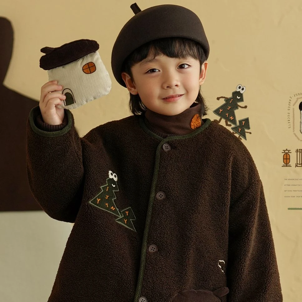 砚台家童装复古咖色外套2025冬装超好看男童加厚加绒棉服深秋衣服
