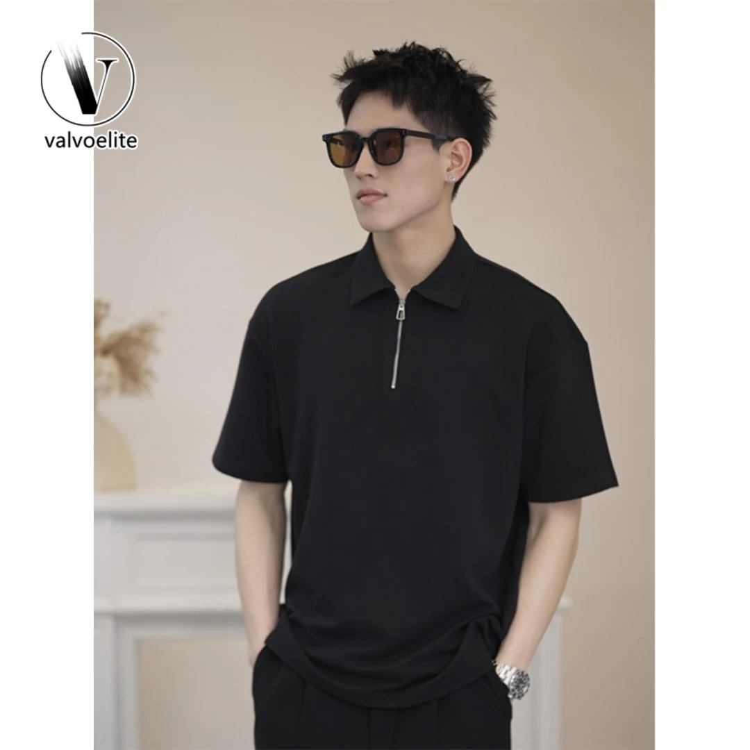VALVOELITE半拉链潮流韩版POLO衫短袖男夏季痞帅高级冰丝黑色t恤