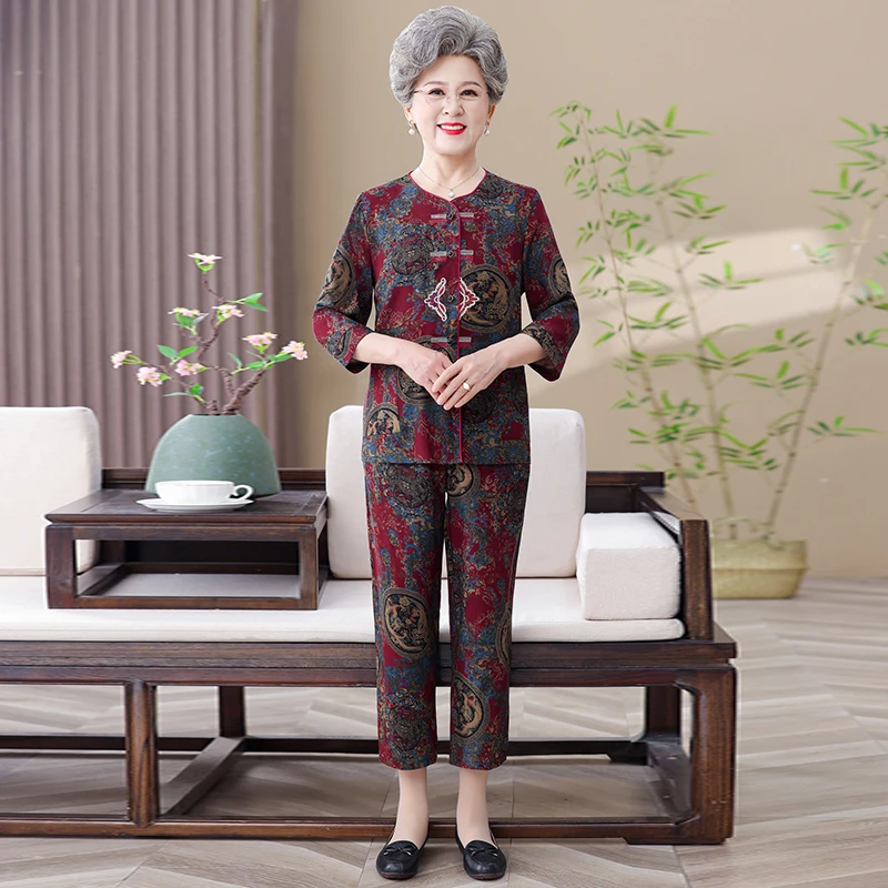 中老年女装夏季薄款套装休闲妈妈装绣花开衫宽松上衣老太太两件套