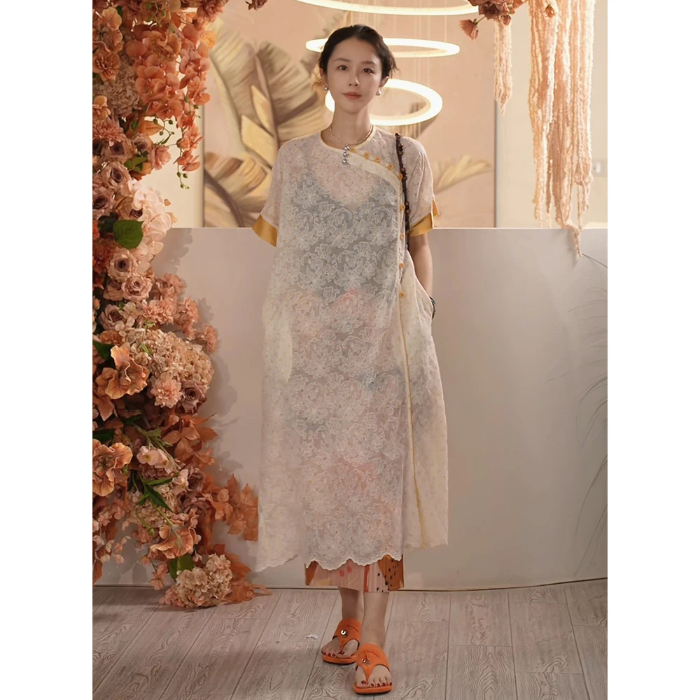 Y【叭哒不惑】芒果奶冻 棉短袖连衣裙设计师优雅吊带夏季百搭长裙