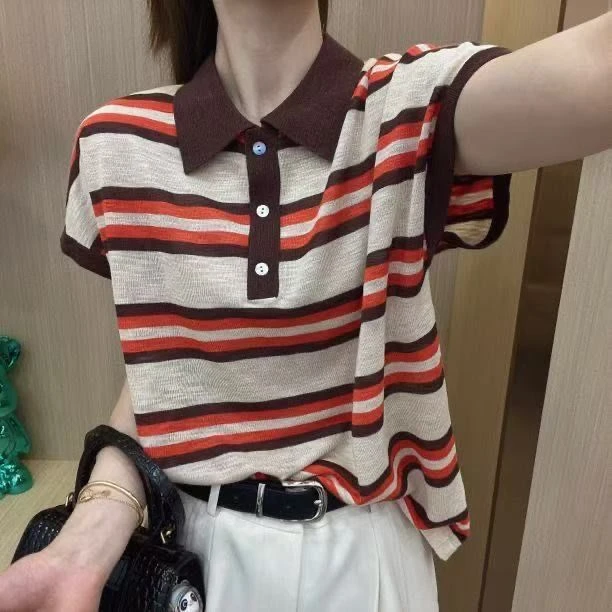韩版夏季新款短袖简约时尚Polo衫女条纹翻领撞色百搭上衣显瘦T恤