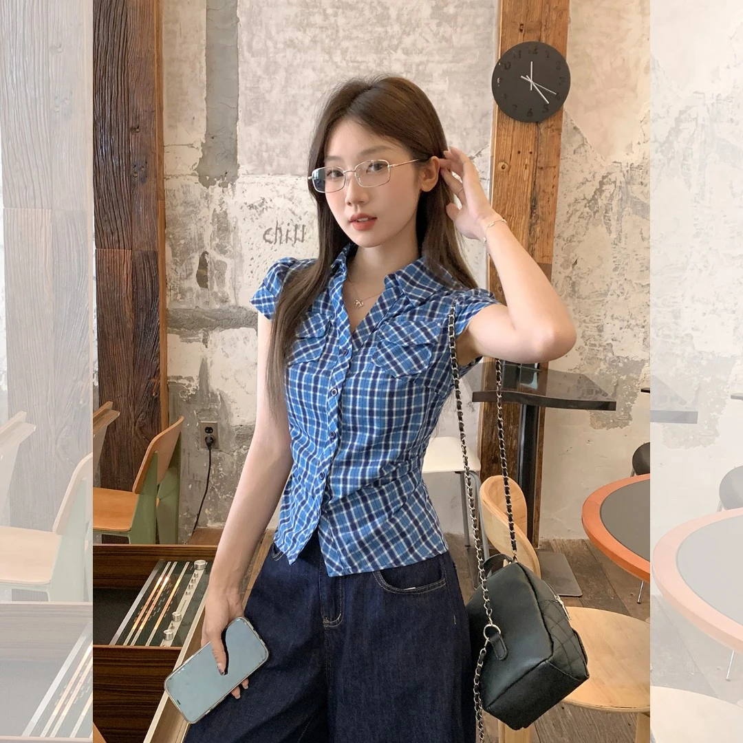 蓝色格子polo领掐腰美式复古设计感短袖t恤女夏口袋衬衫上衣