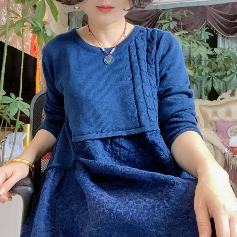 9050衣长110棉麻线拼接重工丝麻刺绣，名媛静奢可穿春秋冬连衣裙