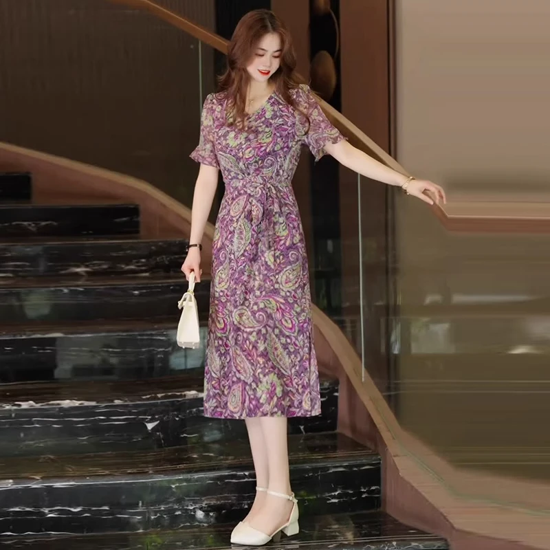 时尚洋气碎花连衣裙女2025夏季新款遮肚子显瘦中长款气质雪纺裙子