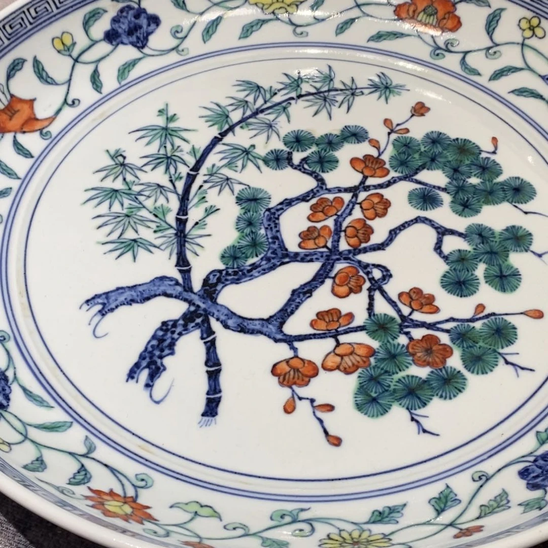 瓷片喜乐堂五彩松竹梅盘