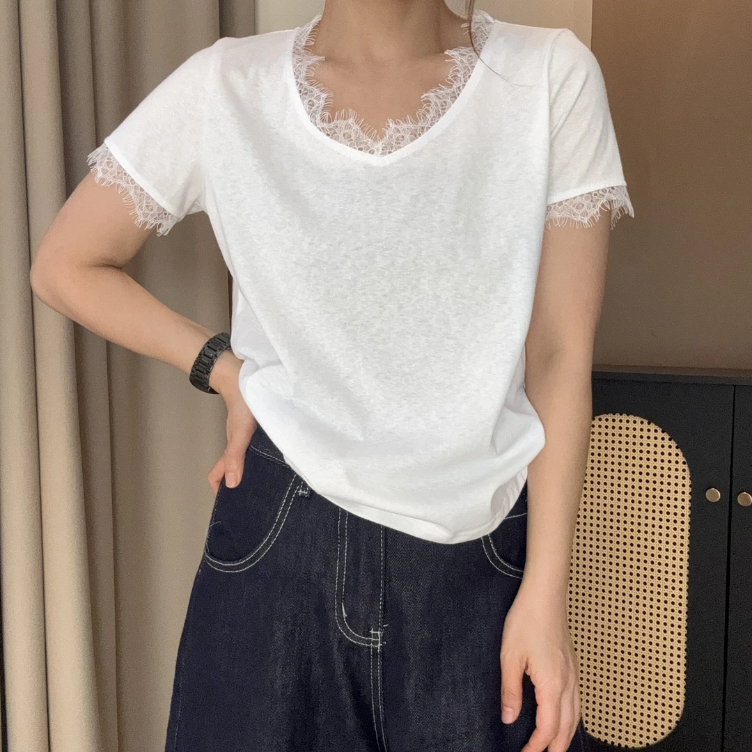 韩版蕾丝花边V领短袖T恤女夏季新款宽松百搭打底上衣-2530