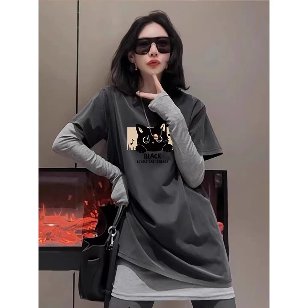 欧货假两件长袖T恤女秋冬季新款内搭遮屁股中长款配鲨鱼裤的上衣