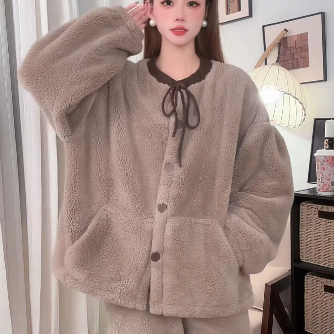 【超厚专柜正版】圆领睡衣女士秋冬天加绒加厚保暖家居服可外穿套装
