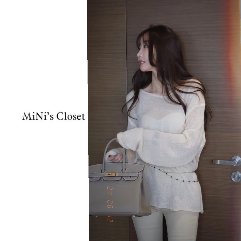 【MiNi推荐】中长款设计感V领长袖打底衫宽松开叉慵懒风上衣JC0061