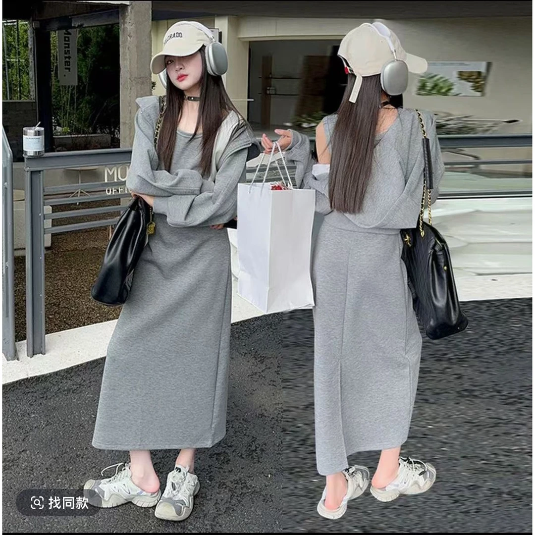 韩系运动春季套装女新款酷飒连衣裙一整套ootd穿搭连帽卫衣外套潮