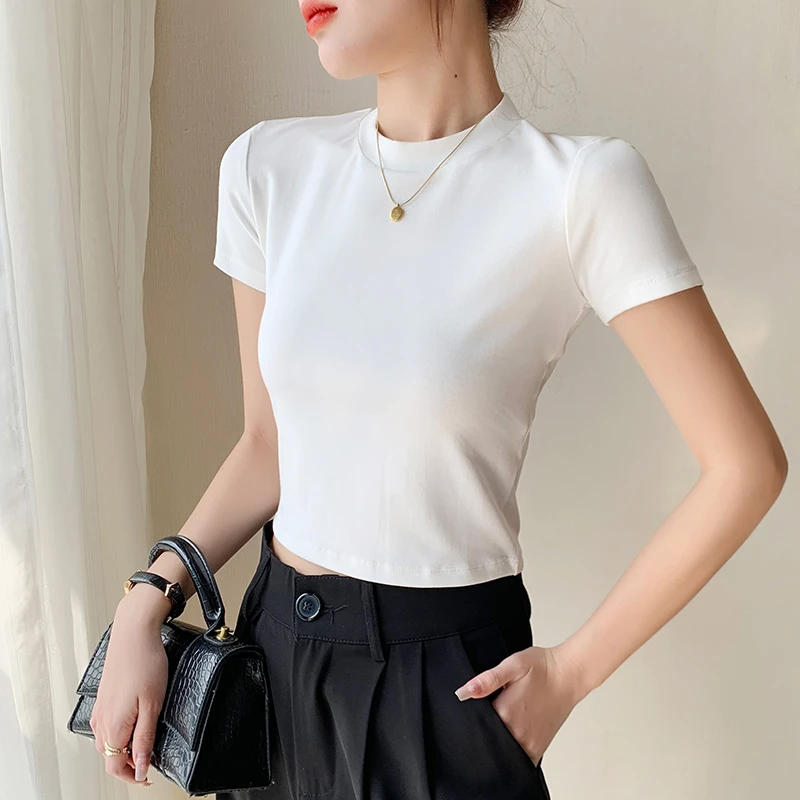 纯色圆领短袖打底衫女内搭夏季露脐修身显瘦百搭洋气t恤女上衣