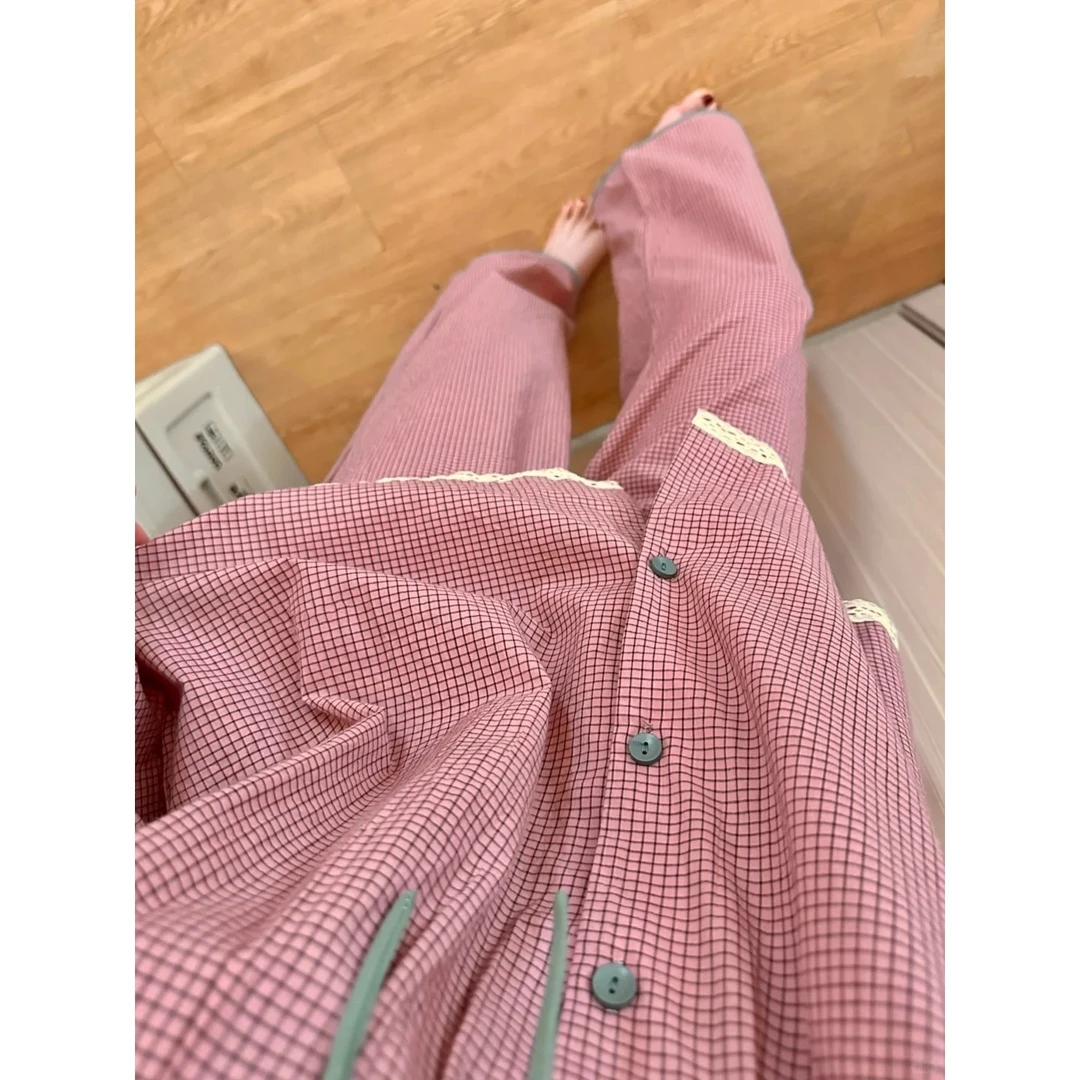 【复古格子】甜美蝴蝶结长袖娃娃领睡衣女士春秋套装新款舒适家居服