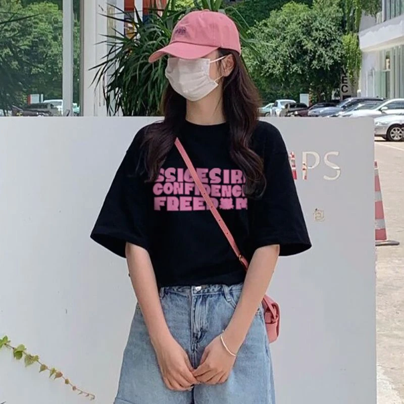 2024正肩复古新款美式夏季字母宽松显瘦短袖百搭设计感时尚上衣