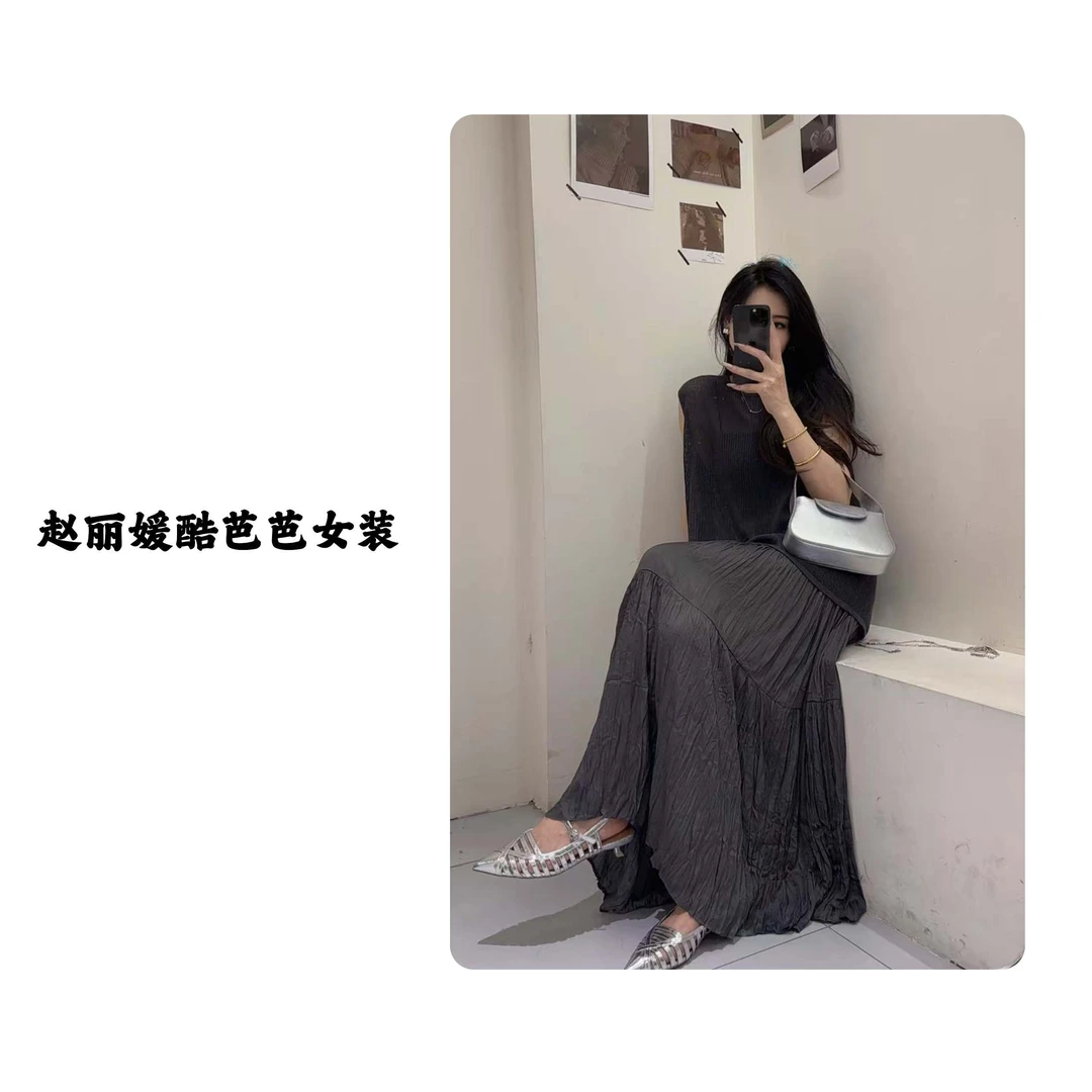 复古褶皱设计感半身裙女2025春夏新款气质高腰休闲宽松百搭A字裙