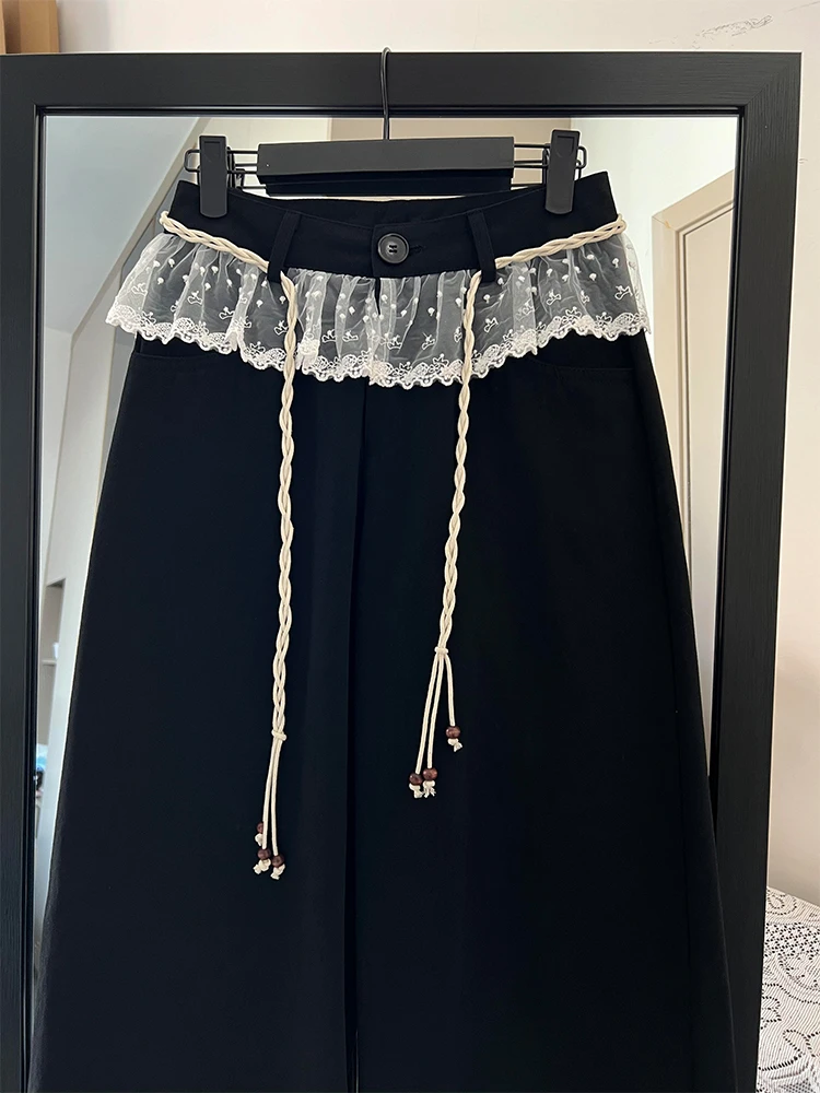 chao级推荐！蕾丝拼接黑色阔腿裤女早春款高腰系带小众设计感裤子