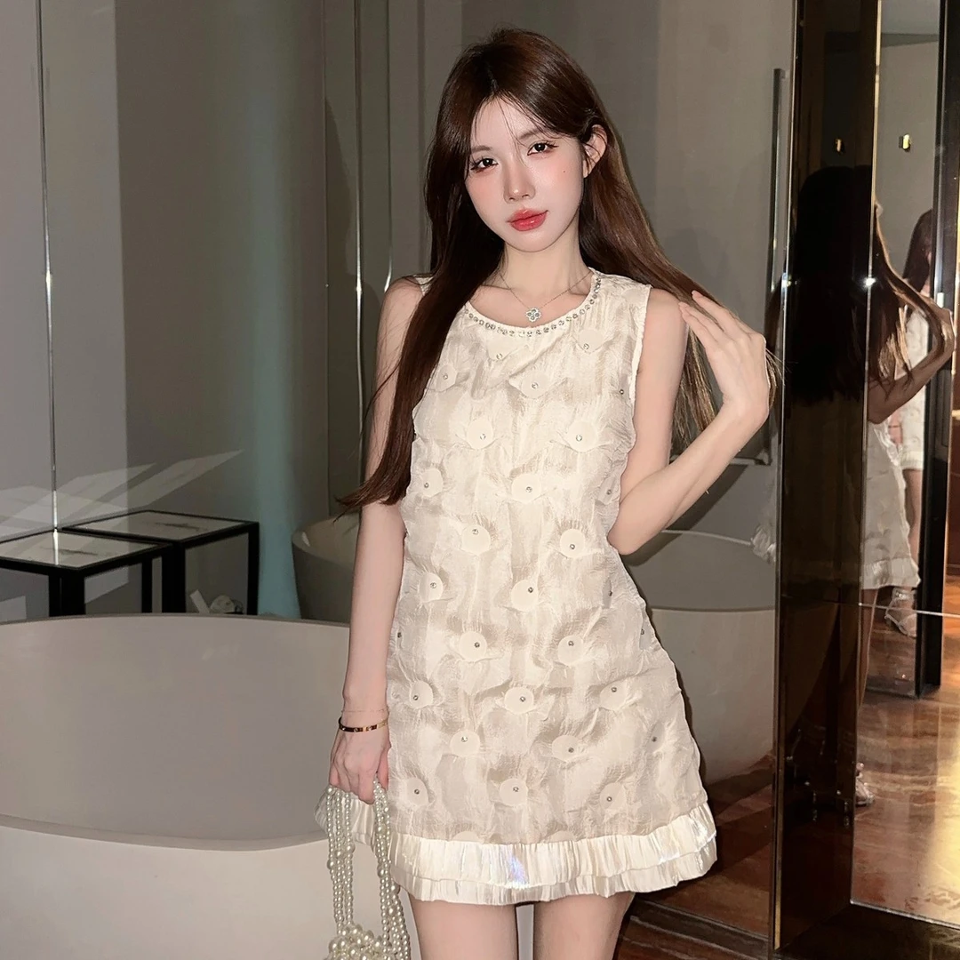 法式小香风镶钻背心连衣裙女夏季高级感气质名媛富家千金礼服短裙
