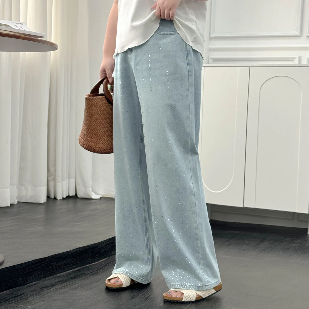 DX7750大码女装【爆闪牛仔裤】三种裤长镶钻闪闪夏季胖mm高腰阔腿裤