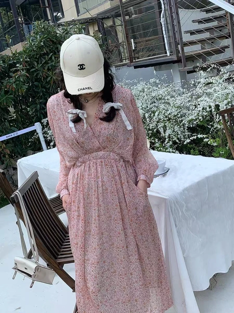 气质甜美碎花温柔百搭口袋v领收腰显瘦高腰长款连衣裙