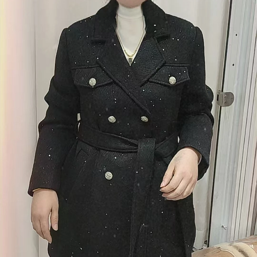 娟儿家2025冬季新款亮片时尚收腰显瘦中长款呢子外套