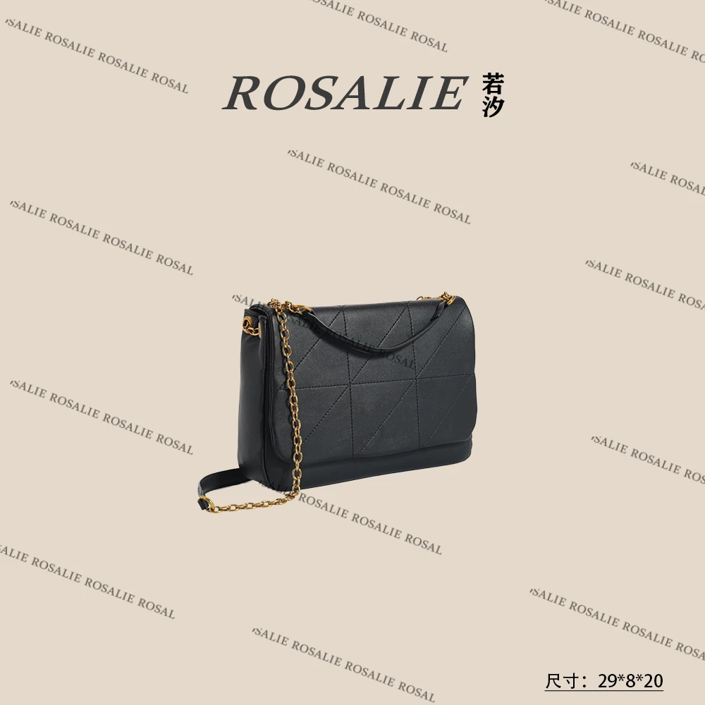 【若汐Rosalie】FES-5185-黑色卡其条纹设计师韩版斜跨轻奢女包