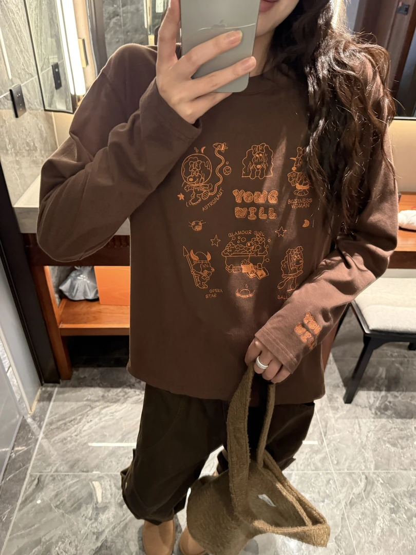 超软！波浪狗线条刺绣（有内衬）~小羊家短款长袖T恤1211（90-150斤）