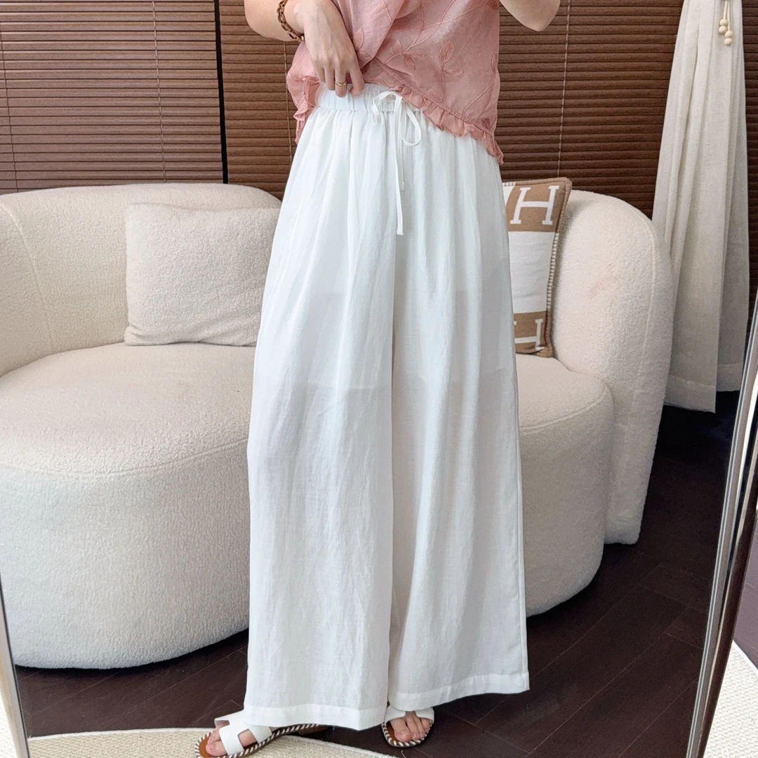 沐恩定制【自然】亚麻老钱风垂感薄款松紧高腰直筒阔腿裤女