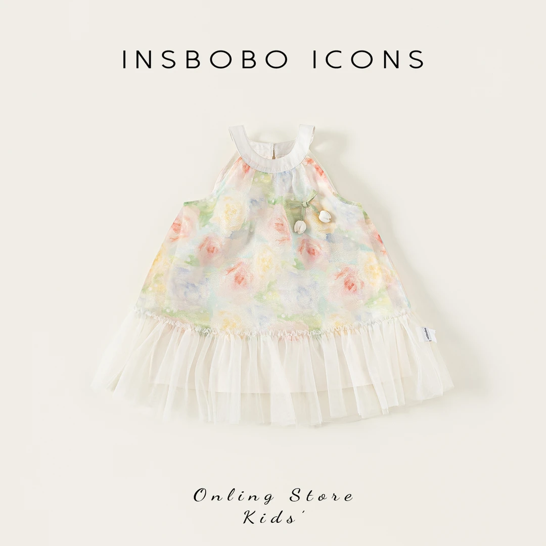 INSbobo女童挂脖公主裙夏季晕染五彩花胸前郁金香连衣裙潮XQ25480