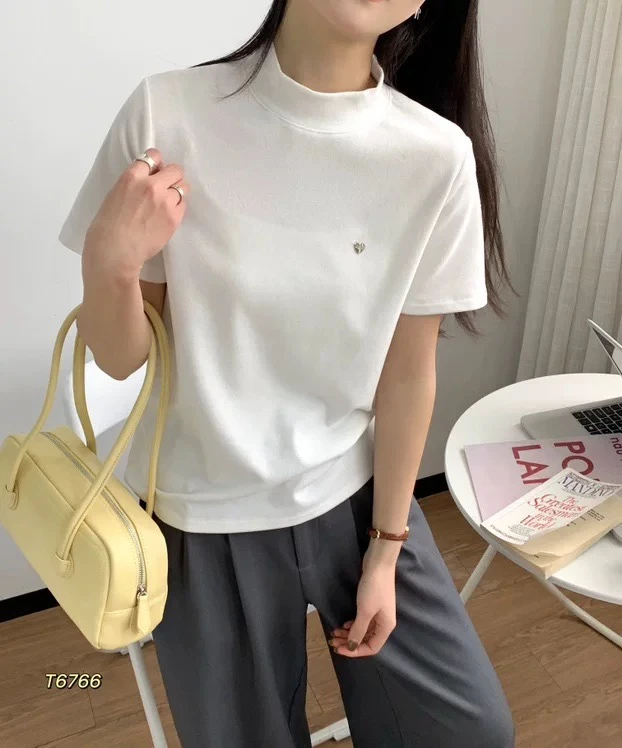 秋冬打底半高领短袖T恤女修身洋气打底小衫上衣韩版磨毛T恤衫W005
