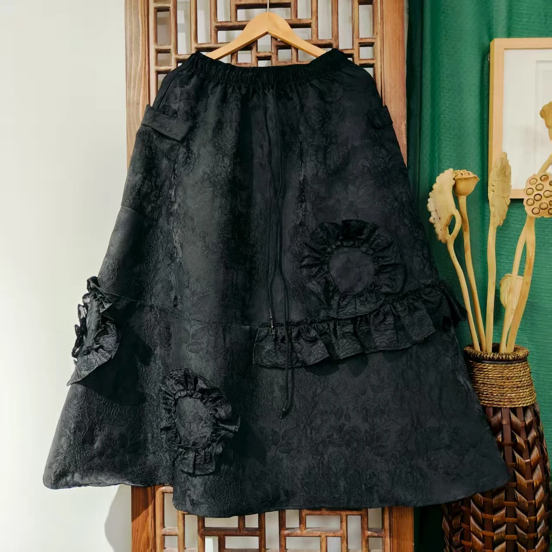 （LK152-1）凤徕兮私人定制黑色玫瑰花暗纹底计款花边全松紧半身裙
