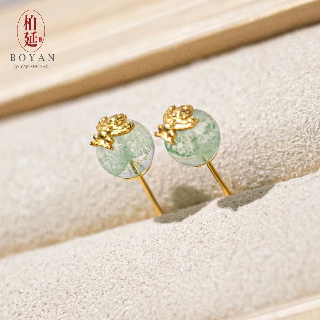 【聚财灵峰】天然翠幽灵水晶耳钉耳饰耳环收藏级传世级金字塔BY2514