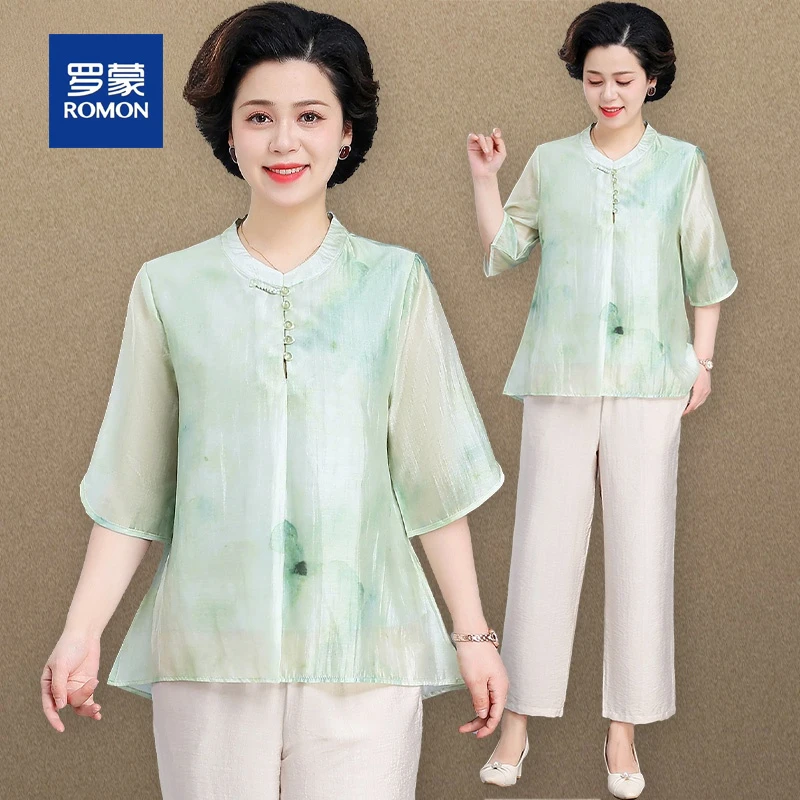 罗蒙妈妈夏装套装女雪纺上衣显瘦遮肚子中老年女夏季新中式小衫女